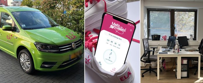 Trois photos des mécènes d'ELA Luxembourg : le véhicule du Garage Roby Cruciani, l'application Mets Tes Baskets développée par InTech et les bureaux mis à disposition par Up Consulting.