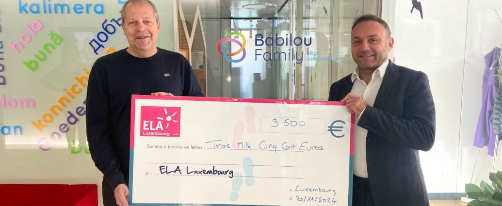 Remise du chèque de Babilou à ELA Luxembourg, au siège luxembourgeois de Babilou Family